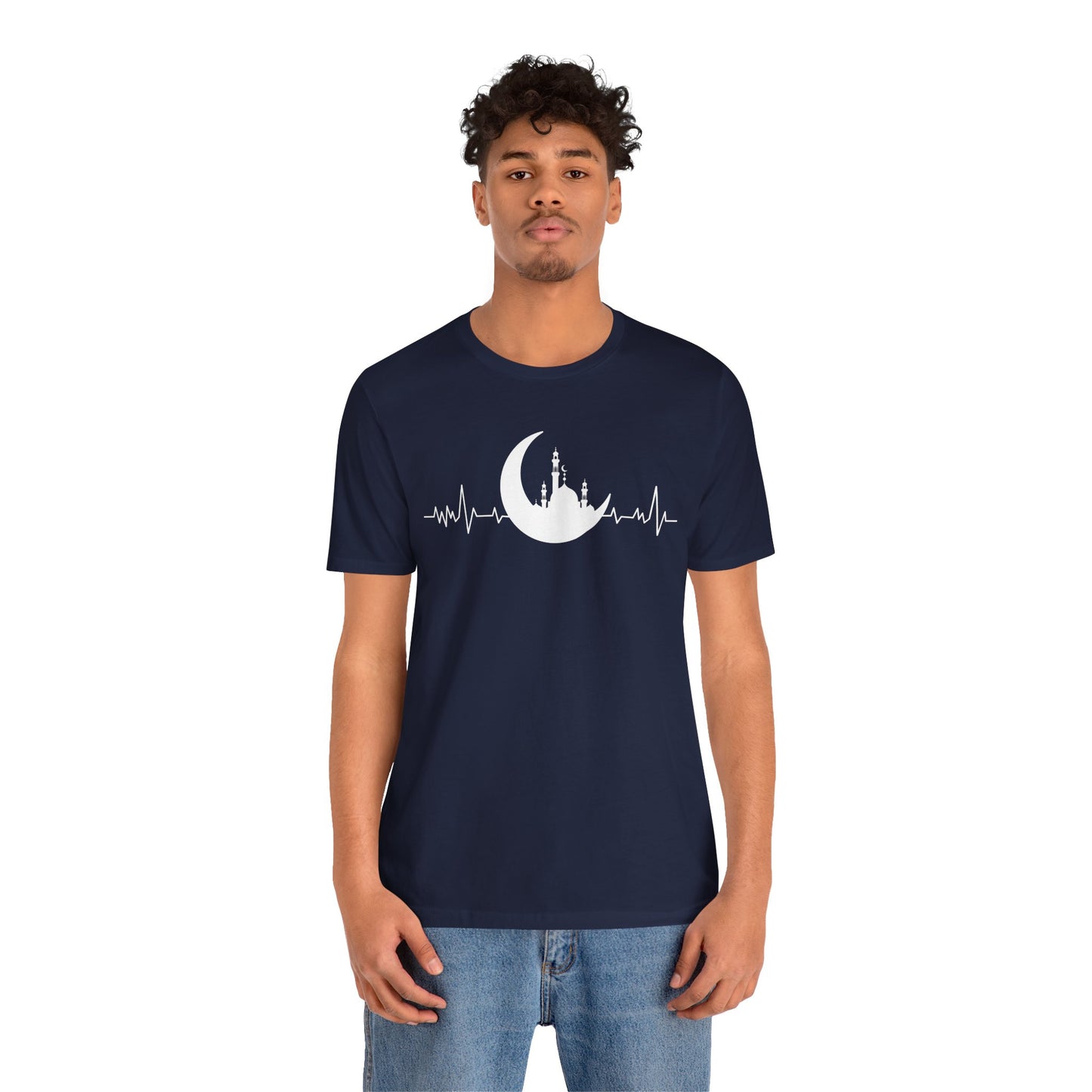 Moonlit Heartbeat Crescent Mosque Graphic Tee T-Shirt - Cozy Soft Cotton Graphic Unisex Tee