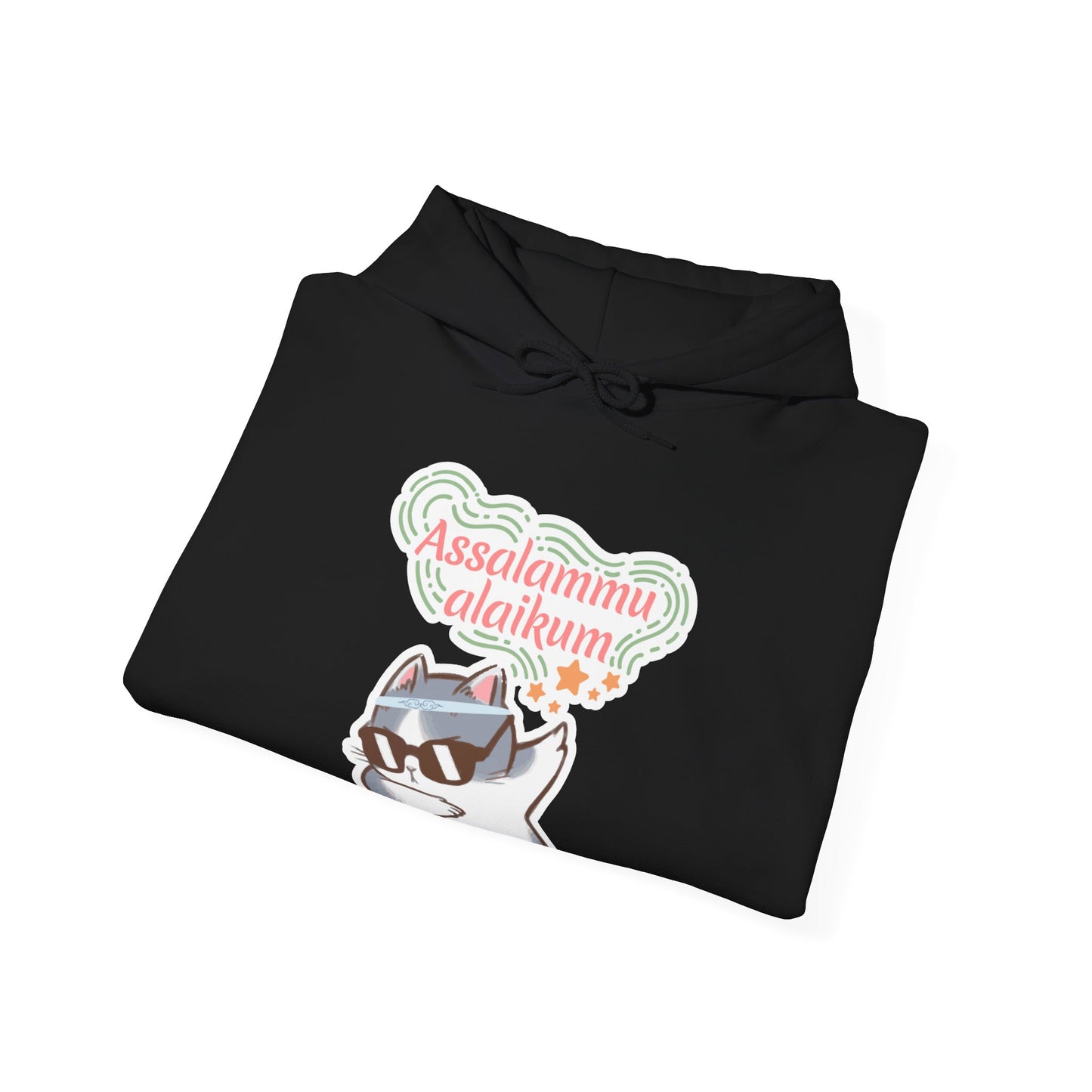 Assalamualaikum Typographic Hoodie - Cat Sunglasses Graphic Cozy Soft Cotton Unisex Hoodie
