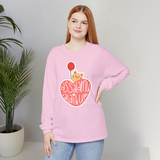Assalamualaikum Typographic Long Sleeve Tee T-Shirt - Cute Cat Heart Balloon Graphic Cozy Soft Cotton Unisex Long Sleeve Tee