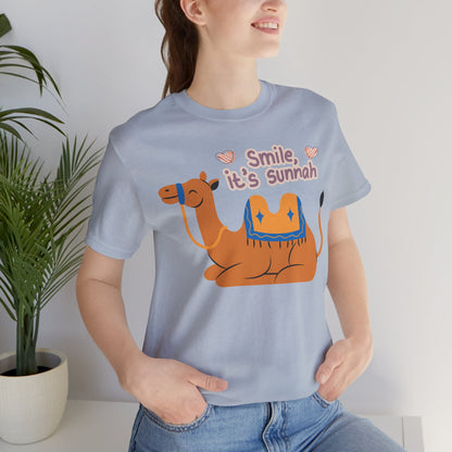 Smile Its Sunnah Typographic Tee T-Shirt - Cute Camel Smiling Cozy Soft Cotton Unisex Tee