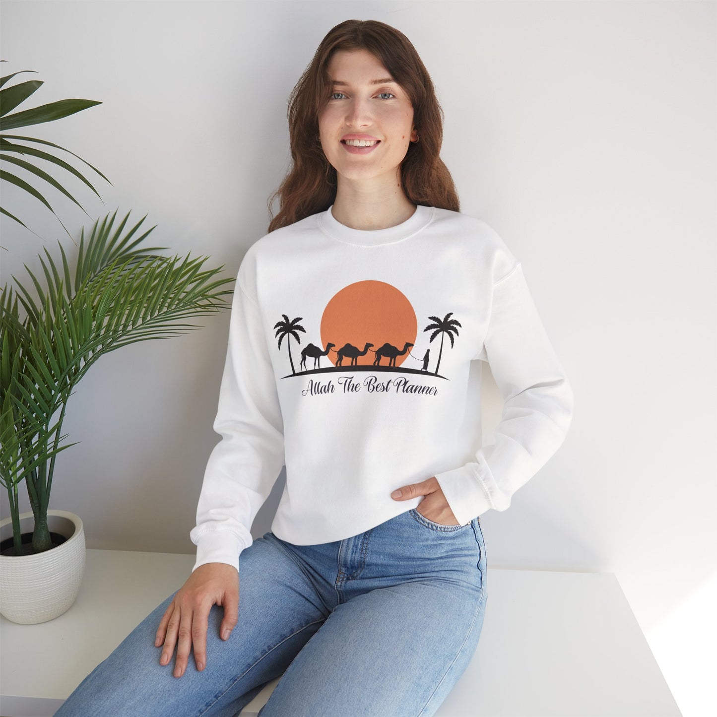 Allah Is The Best Planner Typographic Sweatshirt - Camel Travel in Desert Cozy Soft Cotton Unisex Sweatshirt