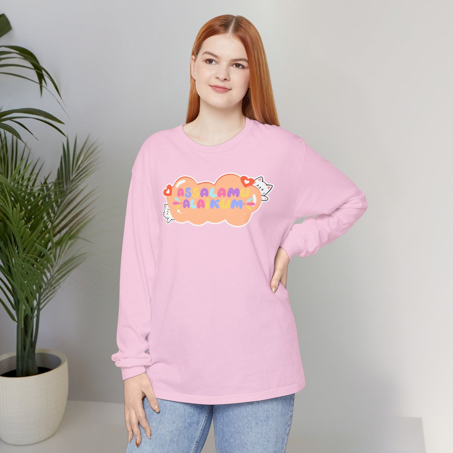 Assalamualaikum Typographic Long Sleeve Tee T-Shirt - Cute Cat Lover Graphic Cozy Soft Cotton Unisex Long Sleeve Tee