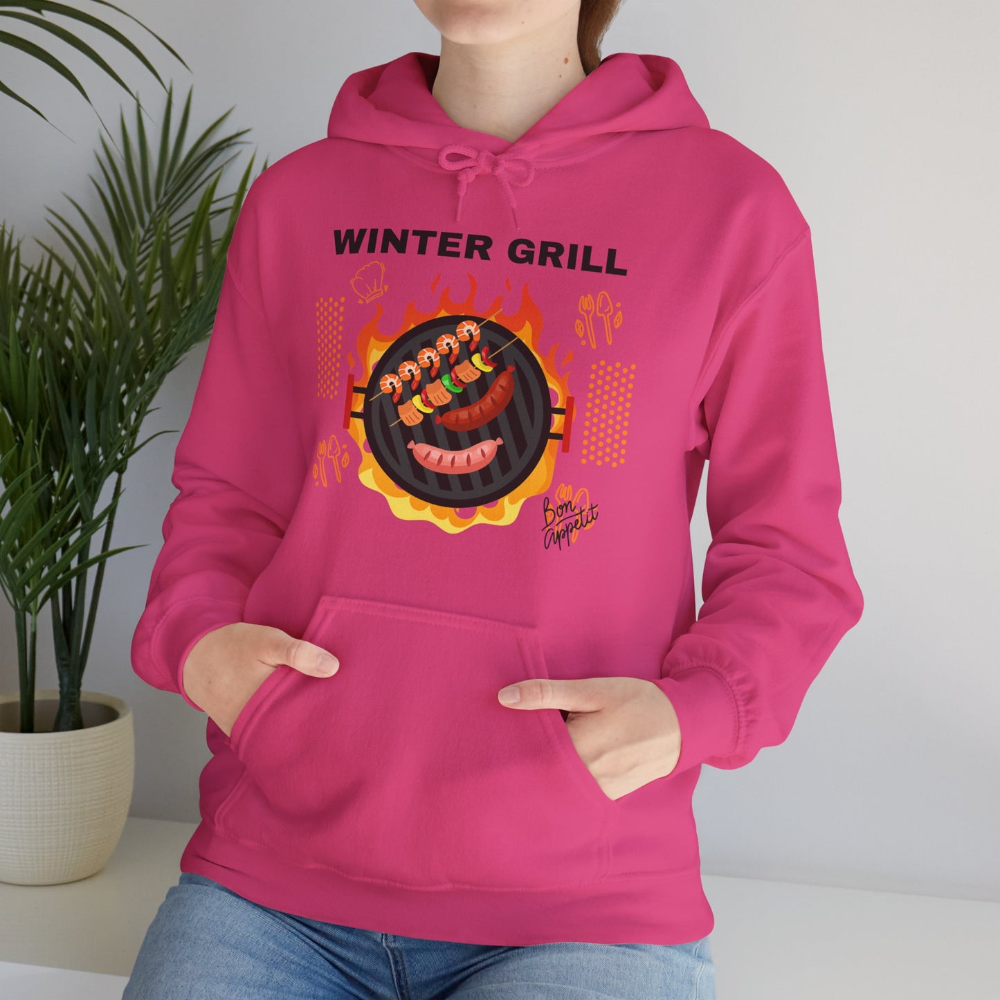 Winter Grill Typographic Hoodie - Cozy Soft Cotton Unisex Sausage Graphic Hoodie