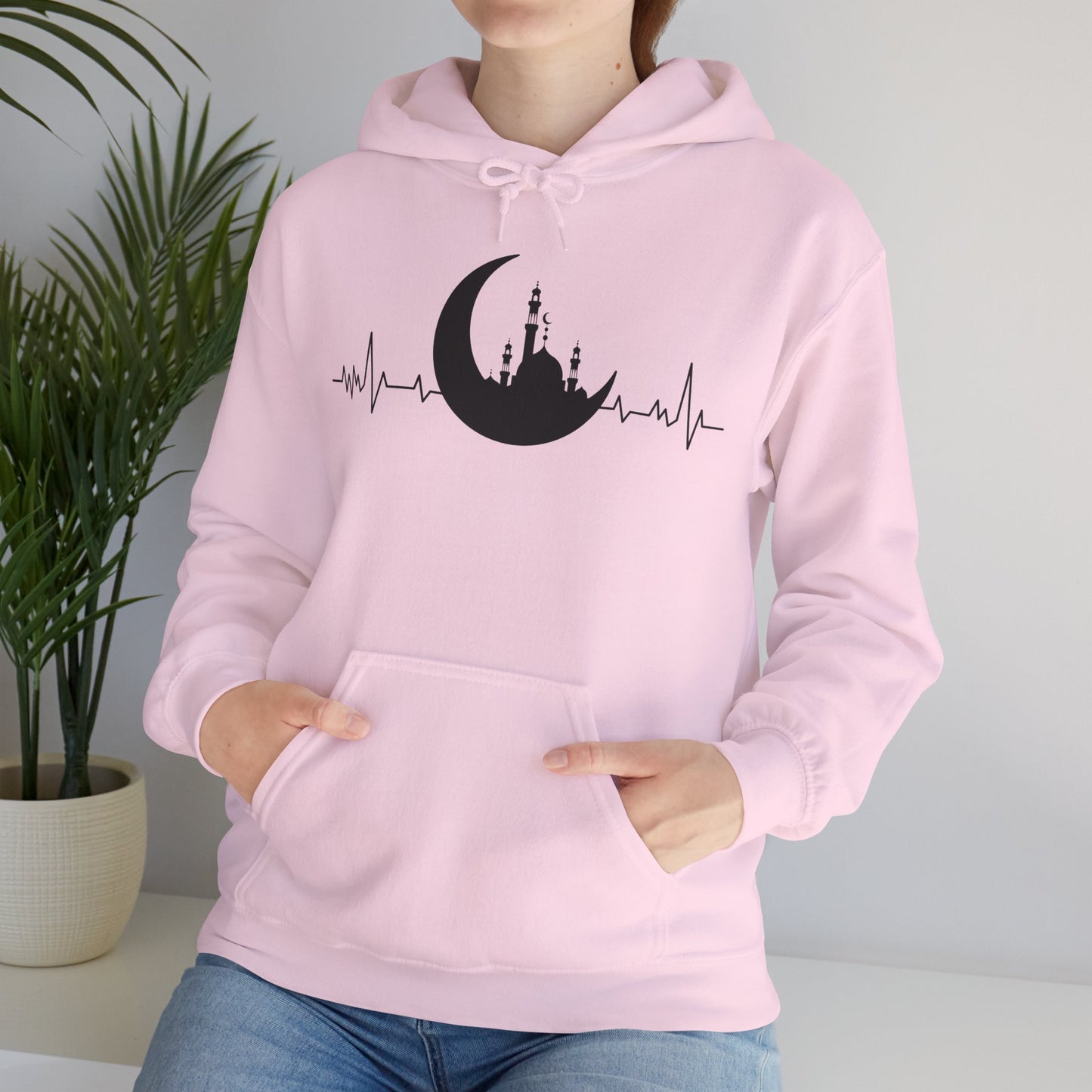 Moonlit Heartbeat Crescent Mosque Graphic Hoodie - Cozy Soft Cotton Graphic Unisex Hoodie