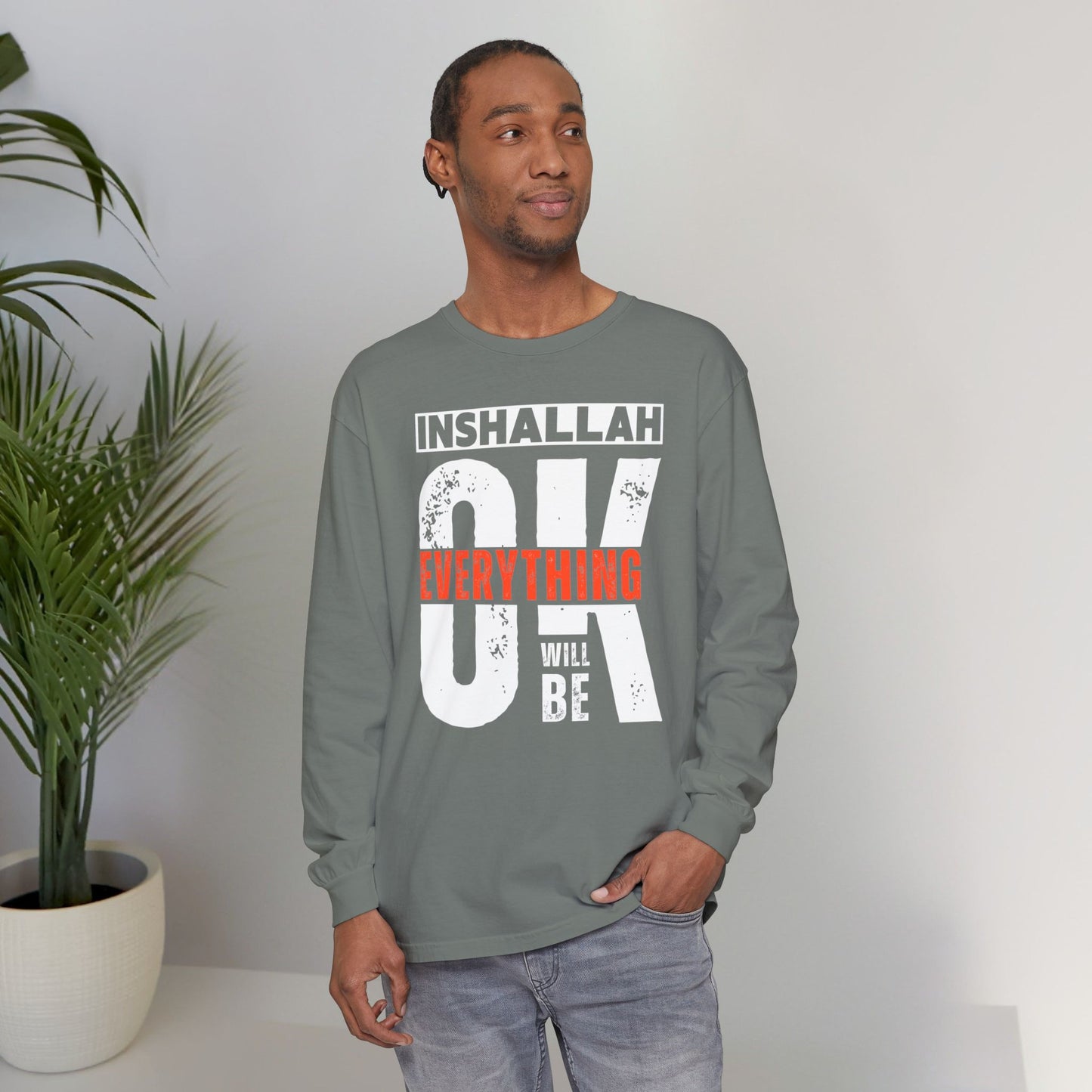 Inshallah Everything OK Typographic Long Sleeve Tee T-Shirt - Cozy Soft Cotton Unisex Long Sleeve Tee