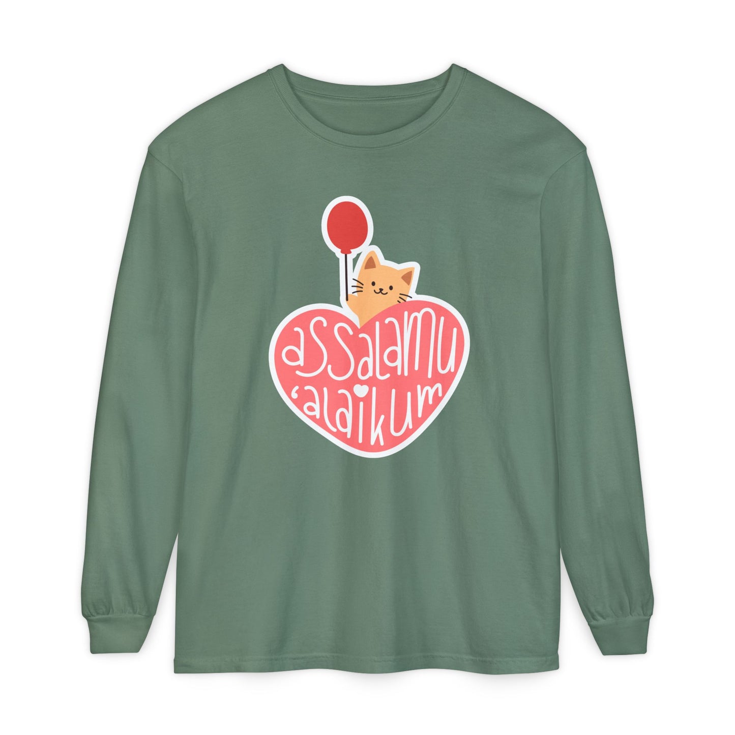 Assalamualaikum Typographic Long Sleeve Tee T-Shirt - Cute Cat Heart Balloon Graphic Cozy Soft Cotton Unisex Long Sleeve Tee