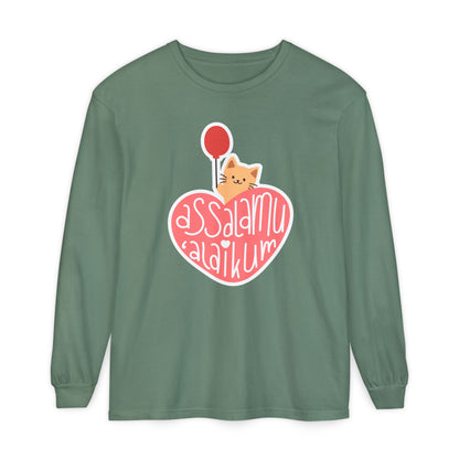 Assalamualaikum Typographic Long Sleeve Tee T-Shirt - Cute Cat Heart Balloon Graphic Cozy Soft Cotton Unisex Long Sleeve Tee