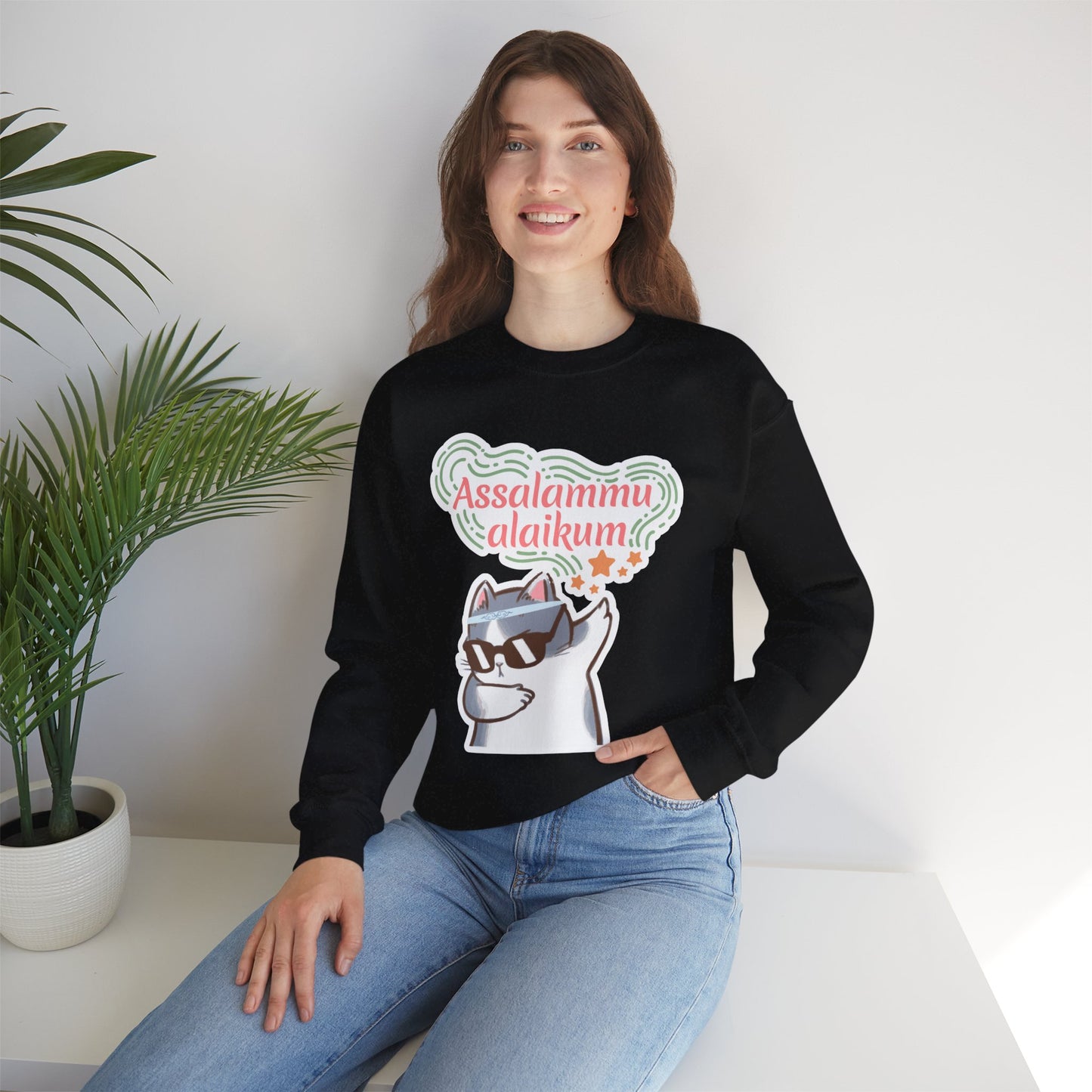 Assalamualaikum Typographic Sweatshirt - Cat Sunglasses Graphic Cozy Soft Cotton Unisex Sweatshirt