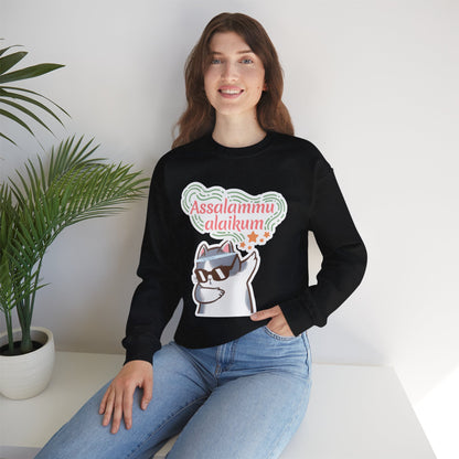 Assalamualaikum Typographic Sweatshirt - Cat Sunglasses Graphic Cozy Soft Cotton Unisex Sweatshirt