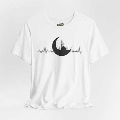 Moonlit Heartbeat Crescent Mosque Graphic Tee T-Shirt - Cozy Soft Cotton Graphic Unisex Tee