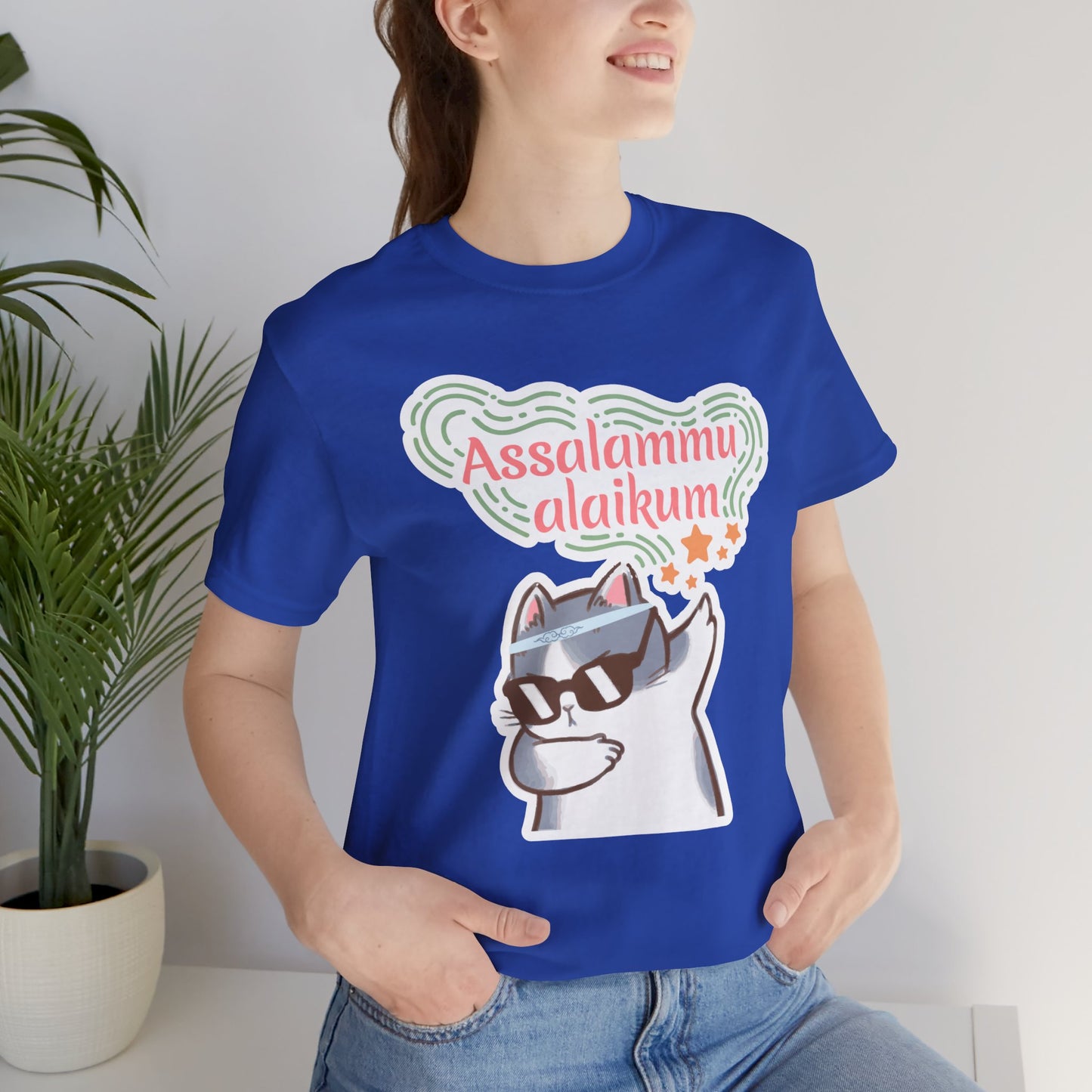 Assalamualaikum Typographic Tee T-Shirt - Cat Sunglasses Graphic Cozy Soft Cotton Unisex Tee