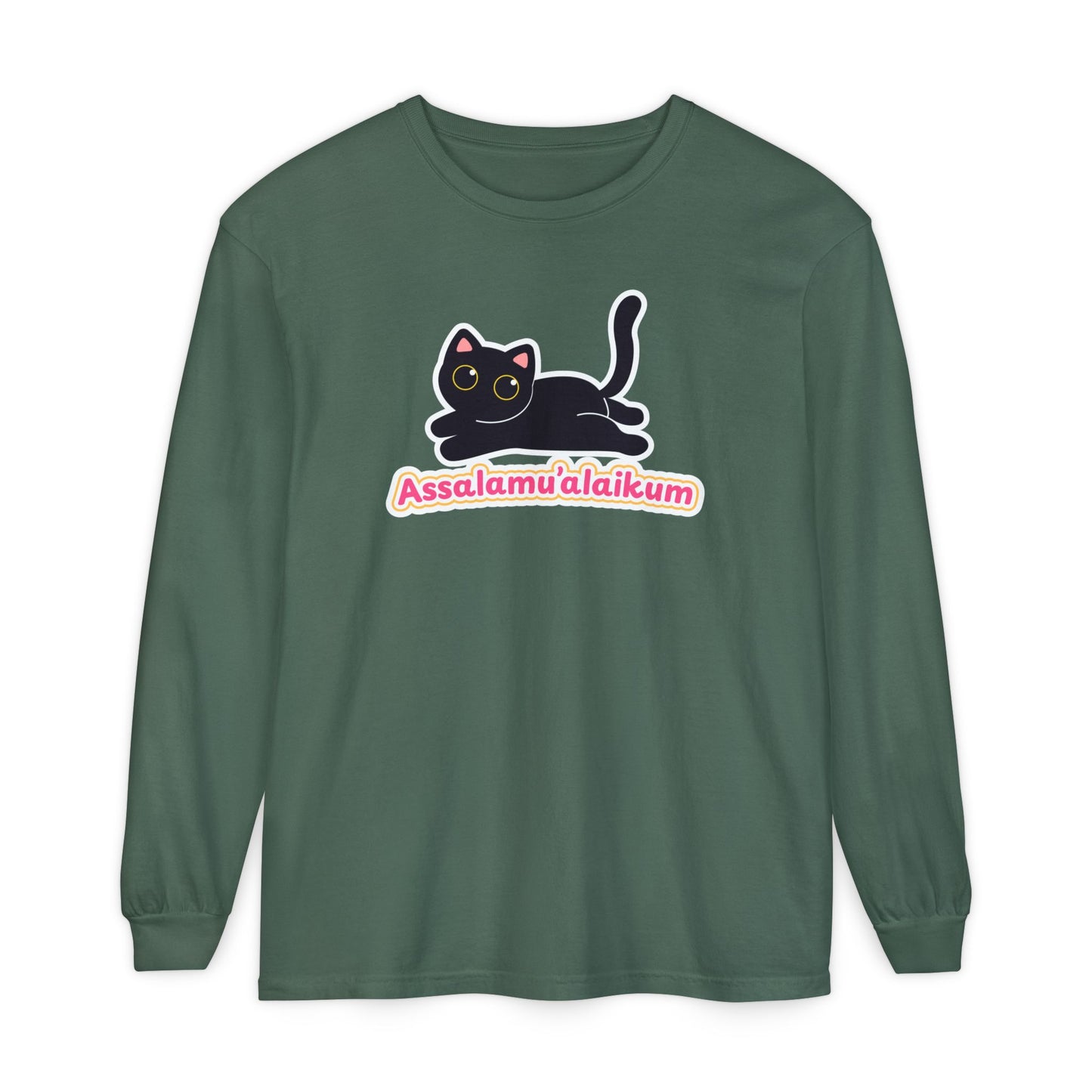 Assalamualaikum Typographic Long Sleeve Tee T-Shirt - Cute Black Cat Graphic Cozy Soft Cotton Unisex Long Sleeve Tee