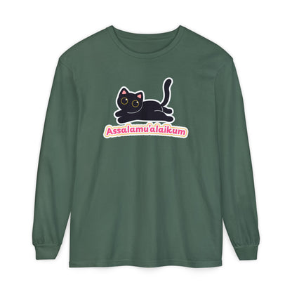 Assalamualaikum Typographic Long Sleeve Tee T-Shirt - Cute Black Cat Graphic Cozy Soft Cotton Unisex Long Sleeve Tee