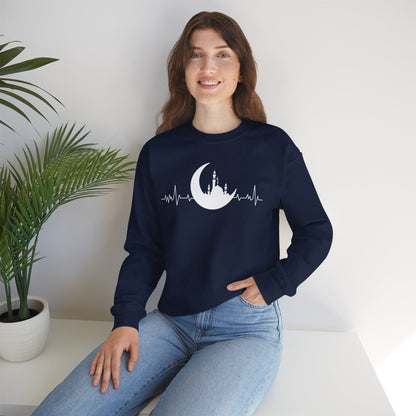 Moonlit Heartbeat Crescent Mosque Graphic Sweatshirt - Cozy Soft Cotton Graphic Unisex Sweatshirt