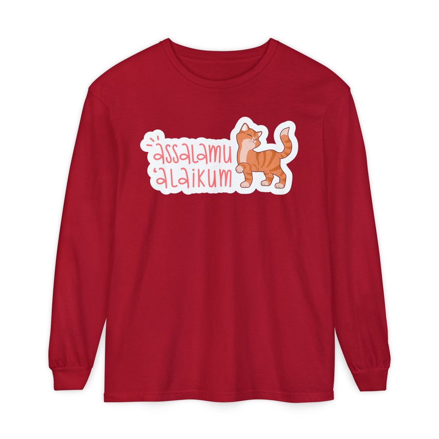 Assalamualaikum Typographic Long Sleeve Tee T-Shirt - Cute Cat Smug Graphic Cozy Soft Cotton Unisex Long Sleeve Tee