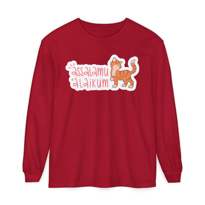 Assalamualaikum Typographic Long Sleeve Tee T-Shirt - Cute Cat Smug Graphic Cozy Soft Cotton Unisex Long Sleeve Tee