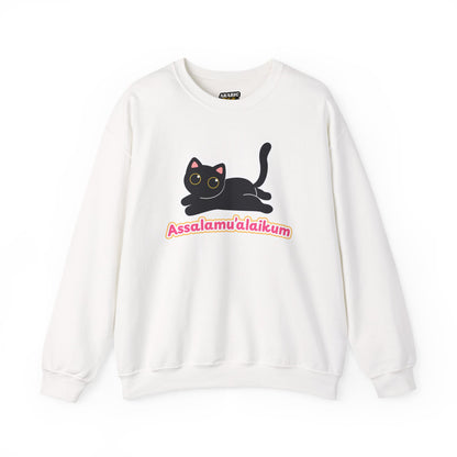 Assalamualaikum Typographic Sweatshirt - Cute Black Cat Graphic Cozy Soft Cotton Unisex Sweatshirt