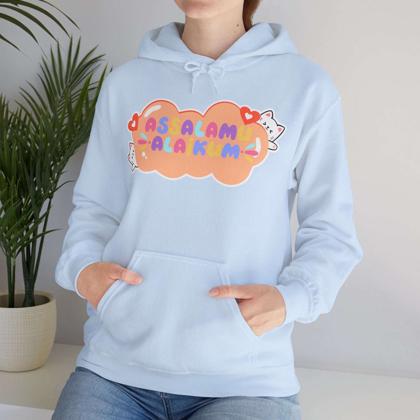 Assalamualaikum Typographic Hoodie - Cute Cat Lover Graphic Cozy Soft Cotton Unisex Hoodie