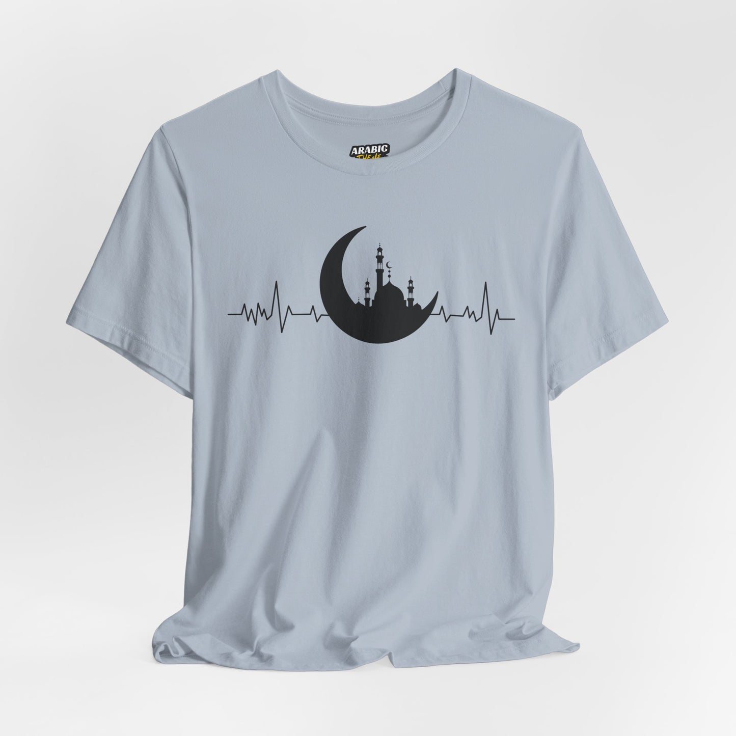 Moonlit Heartbeat Crescent Mosque Graphic Tee T-Shirt - Cozy Soft Cotton Graphic Unisex Tee