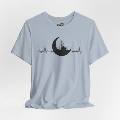 Moonlit Heartbeat Crescent Mosque Graphic Tee T-Shirt - Cozy Soft Cotton Graphic Unisex Tee