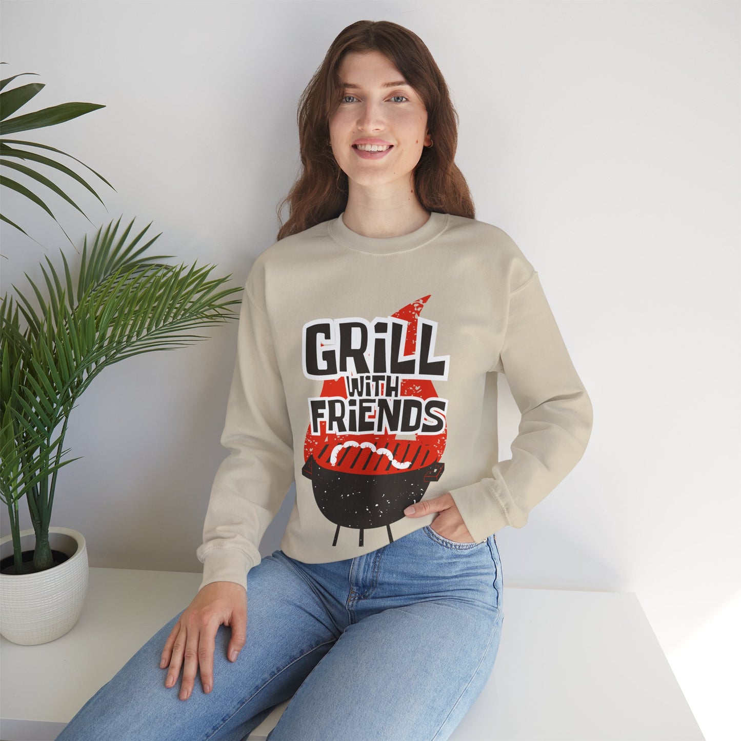 Grill with Friends Typographic Sweatshirt - Cozy Soft Cotton Unisex Sausage Graphic Sweatshirt