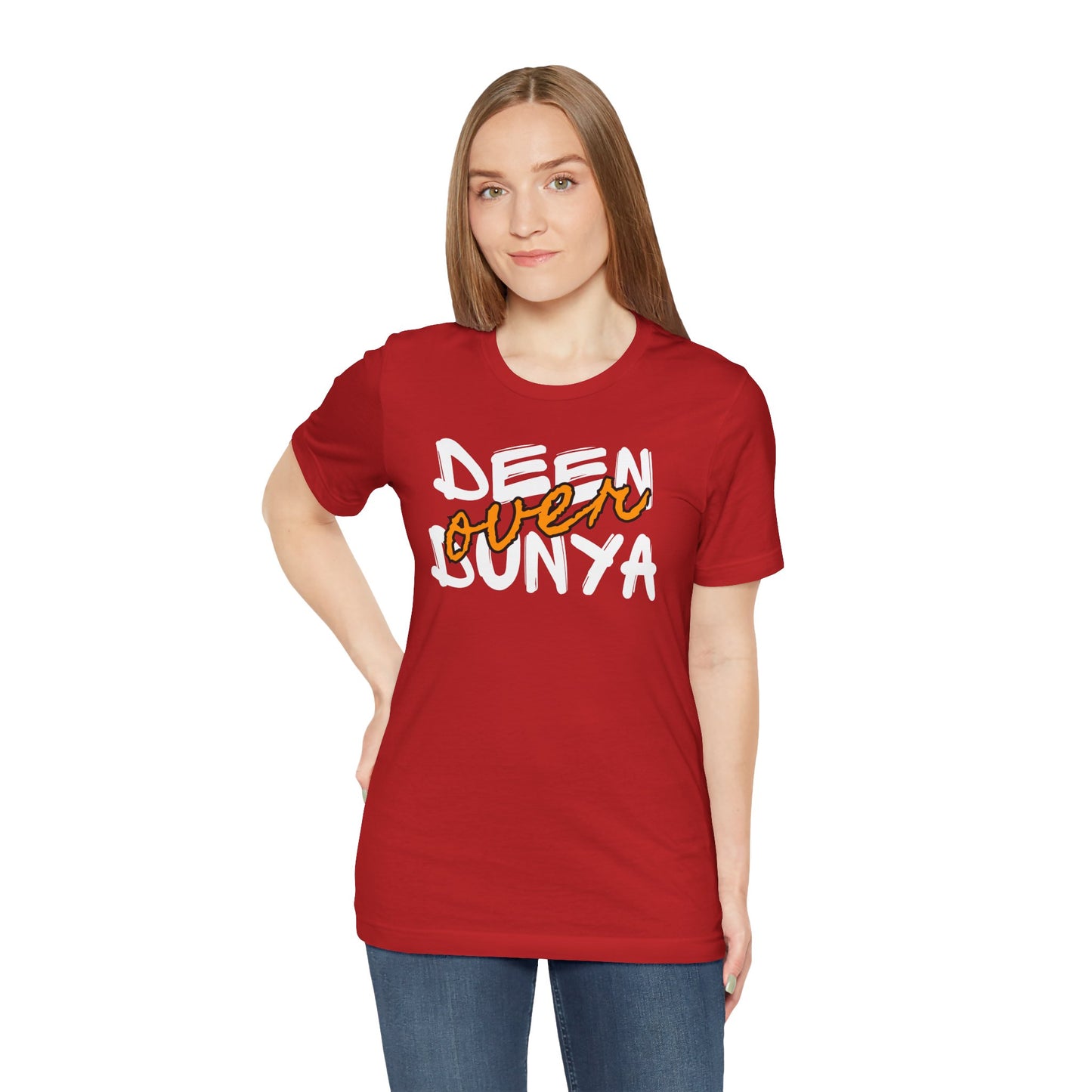 Deen Over Dunya Typographic Tee T-Shirt - Cozy Soft Cotton Unisex Statement Tee