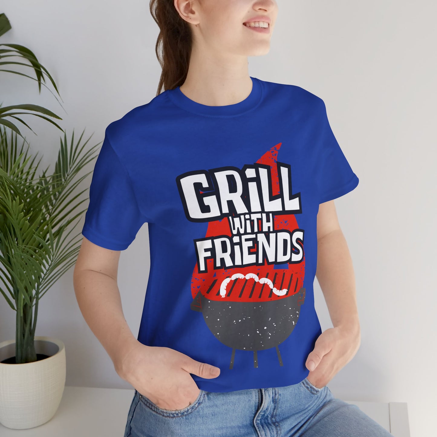 Grill with Friends Typographic Tee T-Shirt - Cozy Soft Cotton Unisex Sausage Graphic Tee T-Shirt
