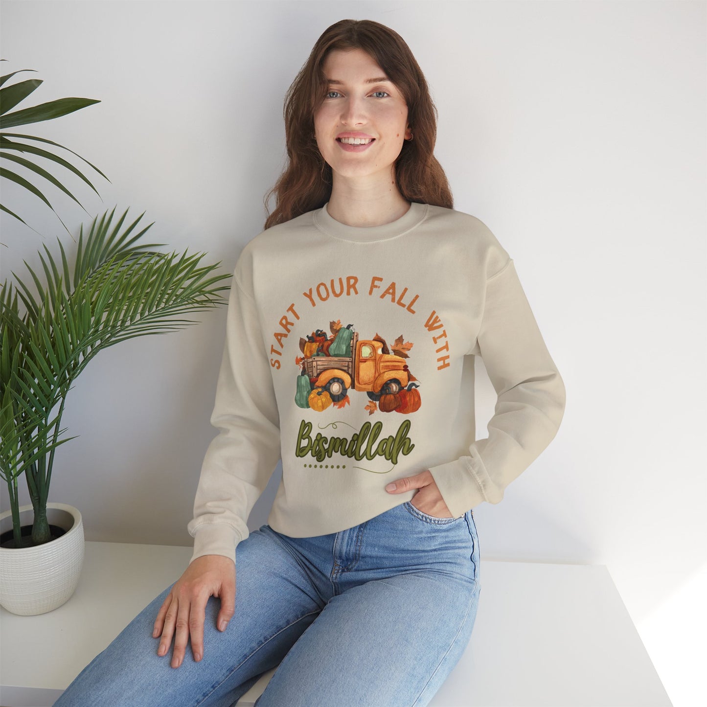 Start Your Fall with Bismillah Graphic Sweatshirt - Cozy Autumn Cute Truck Pumpkin Graphic Unisex Sweatshirt