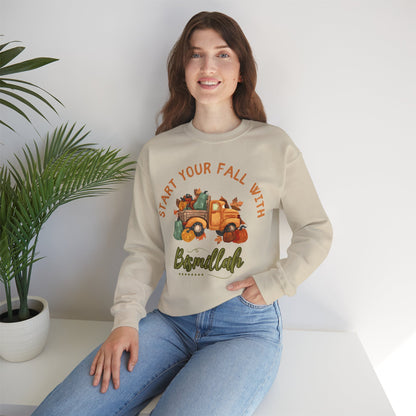 Start Your Fall with Bismillah Graphic Sweatshirt - Cozy Autumn Cute Truck Pumpkin Graphic Unisex Sweatshirt