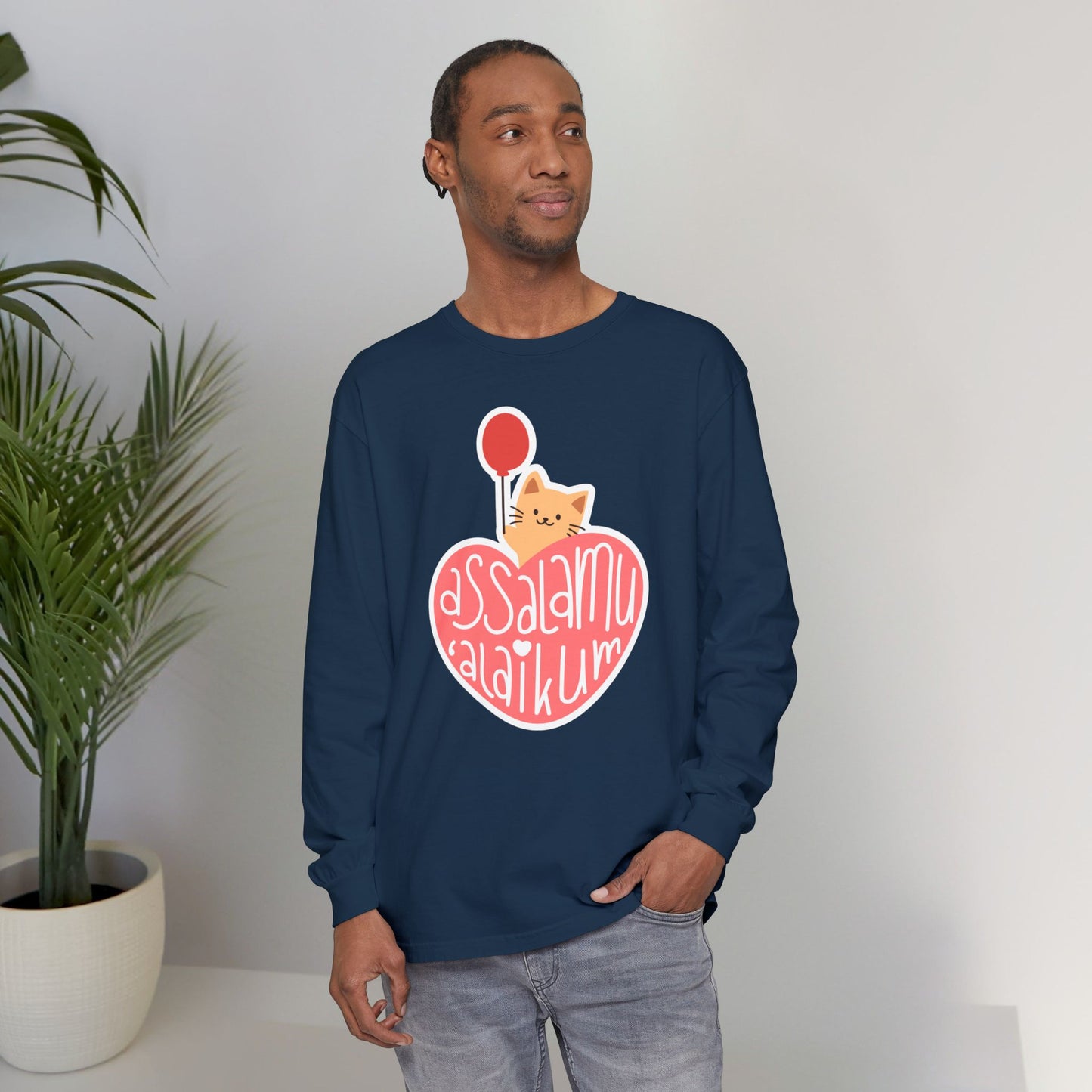 Assalamualaikum Typographic Long Sleeve Tee T-Shirt - Cute Cat Heart Balloon Graphic Cozy Soft Cotton Unisex Long Sleeve Tee