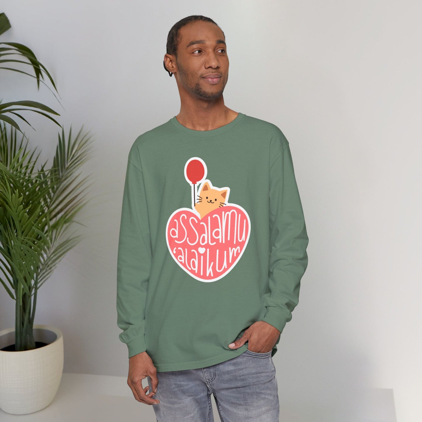 Assalamualaikum Typographic Long Sleeve Tee T-Shirt - Cute Cat Heart Balloon Graphic Cozy Soft Cotton Unisex Long Sleeve Tee