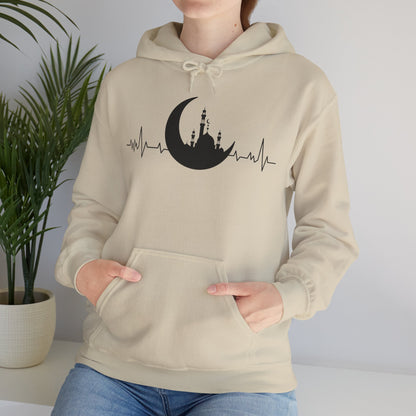 Moonlit Heartbeat Crescent Mosque Graphic Hoodie - Cozy Soft Cotton Graphic Unisex Hoodie