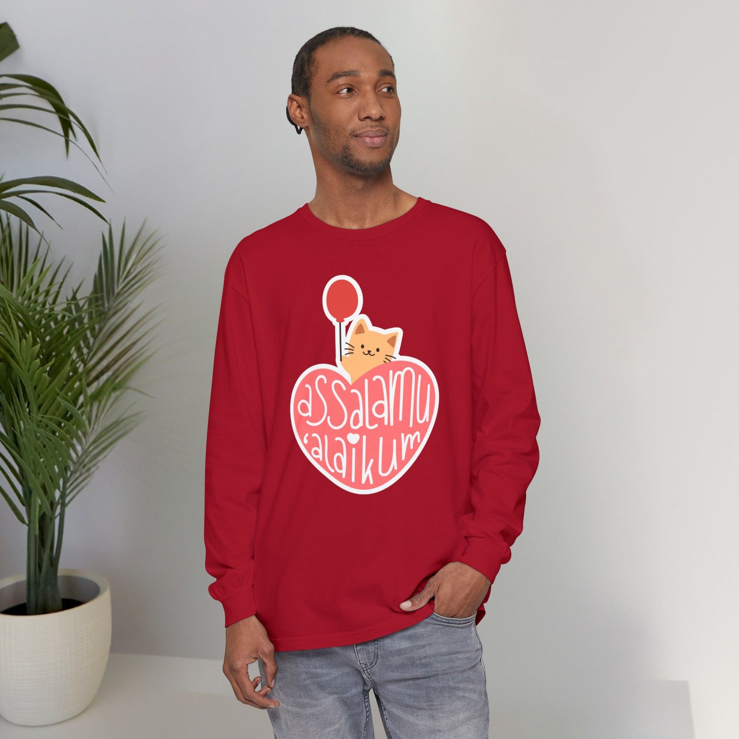 Assalamualaikum Typographic Long Sleeve Tee T-Shirt - Cute Cat Heart Balloon Graphic Cozy Soft Cotton Unisex Long Sleeve Tee