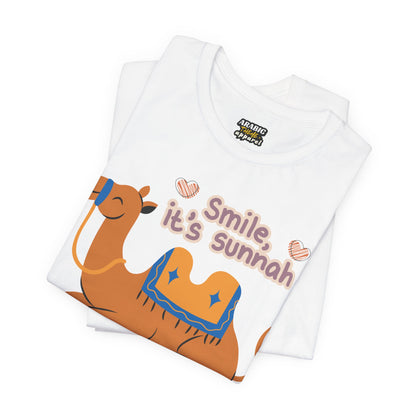 Smile Its Sunnah Typographic Tee T-Shirt - Cute Camel Smiling Cozy Soft Cotton Unisex Tee
