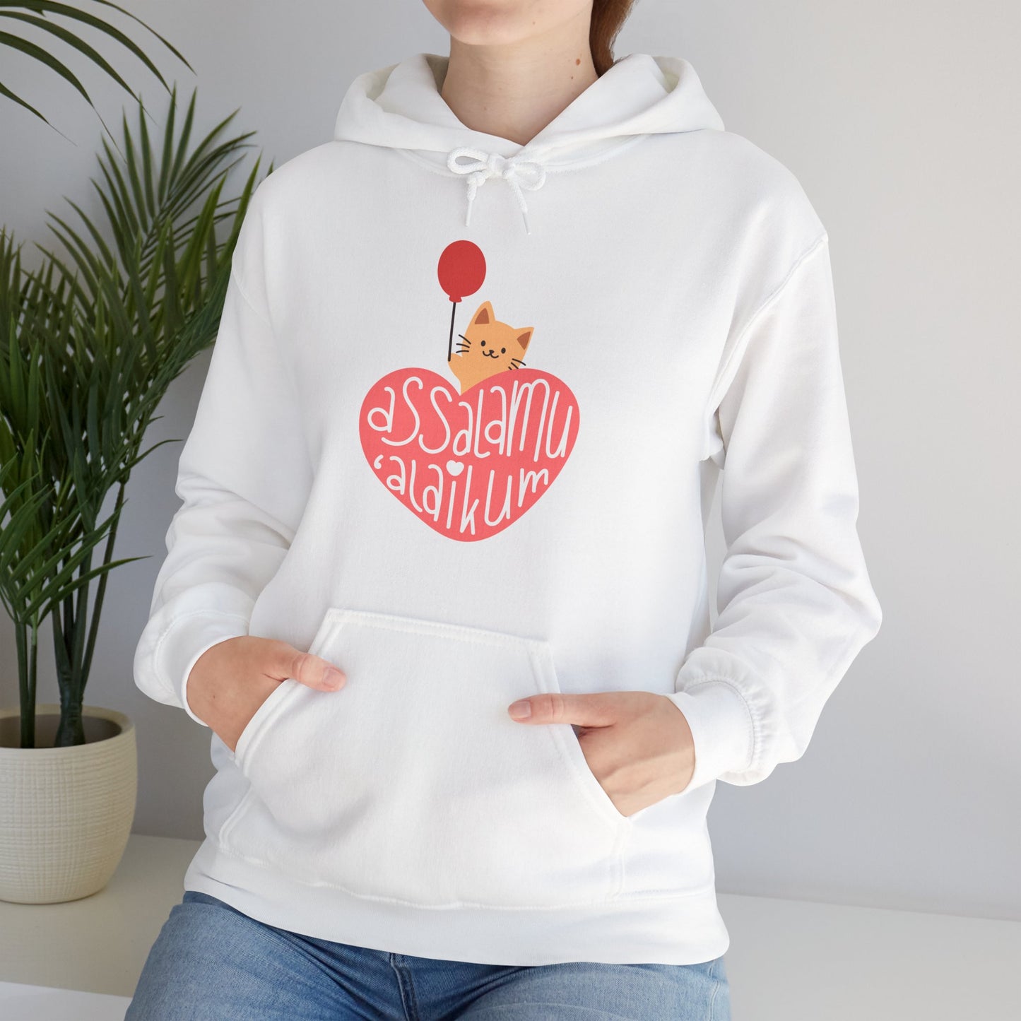 Assalamualaikum Typographic Hoodie - Cute Cat Heart Balloon Graphic Cozy Soft Cotton Unisex Hoodie