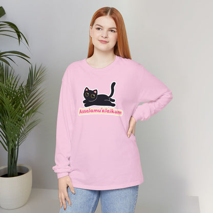 Assalamualaikum Typographic Long Sleeve Tee T-Shirt - Cute Black Cat Graphic Cozy Soft Cotton Unisex Long Sleeve Tee