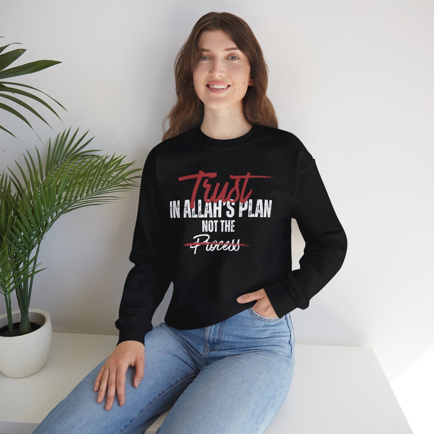 Trust in Allah's Plan Not The Process Typographic Sweatshirt - Tawakkul Cozy Soft Cotton Unisex Sweatshirt