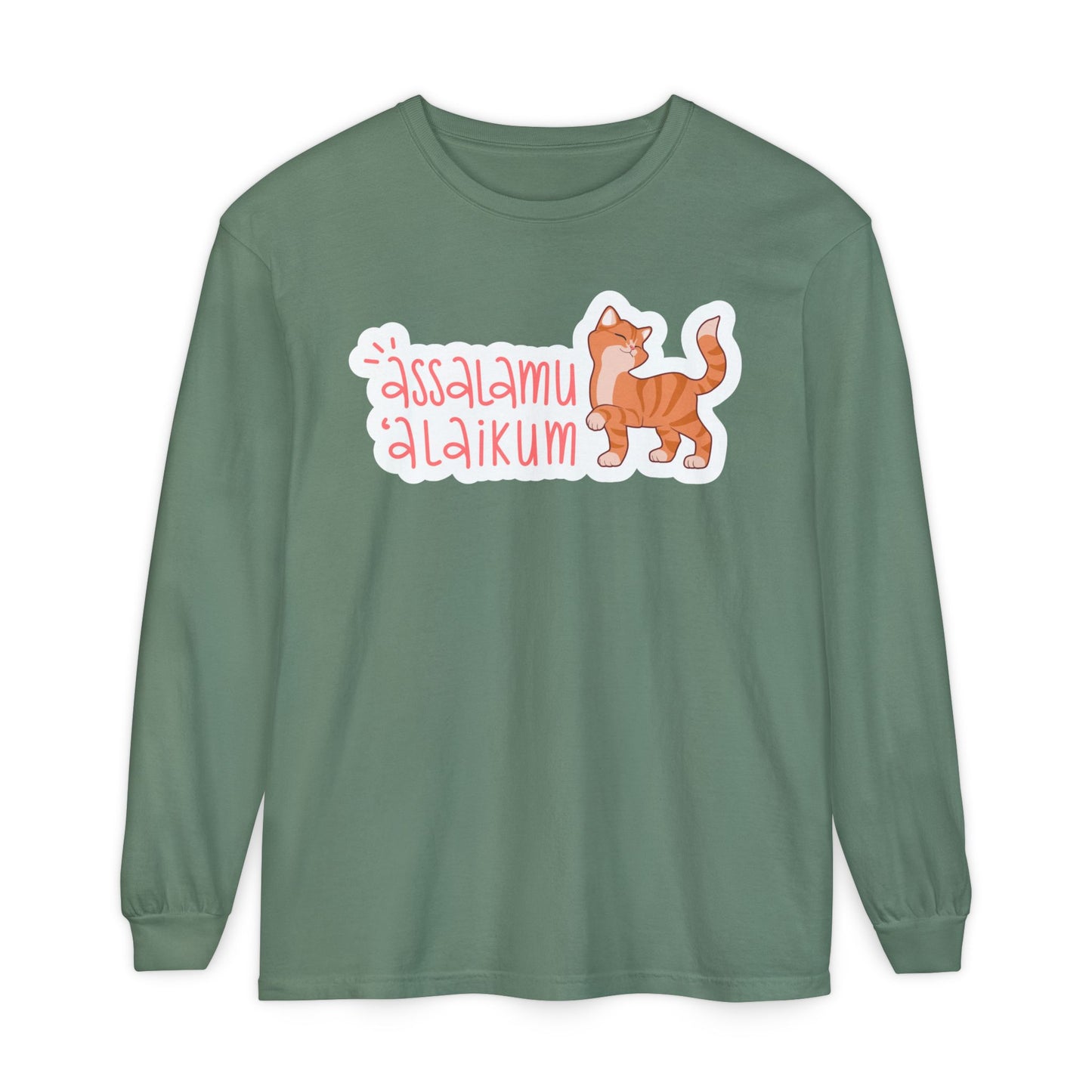 Assalamualaikum Typographic Long Sleeve Tee T-Shirt - Cute Cat Smug Graphic Cozy Soft Cotton Unisex Long Sleeve Tee