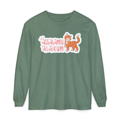 Assalamualaikum Typographic Long Sleeve Tee T-Shirt - Cute Cat Smug Graphic Cozy Soft Cotton Unisex Long Sleeve Tee