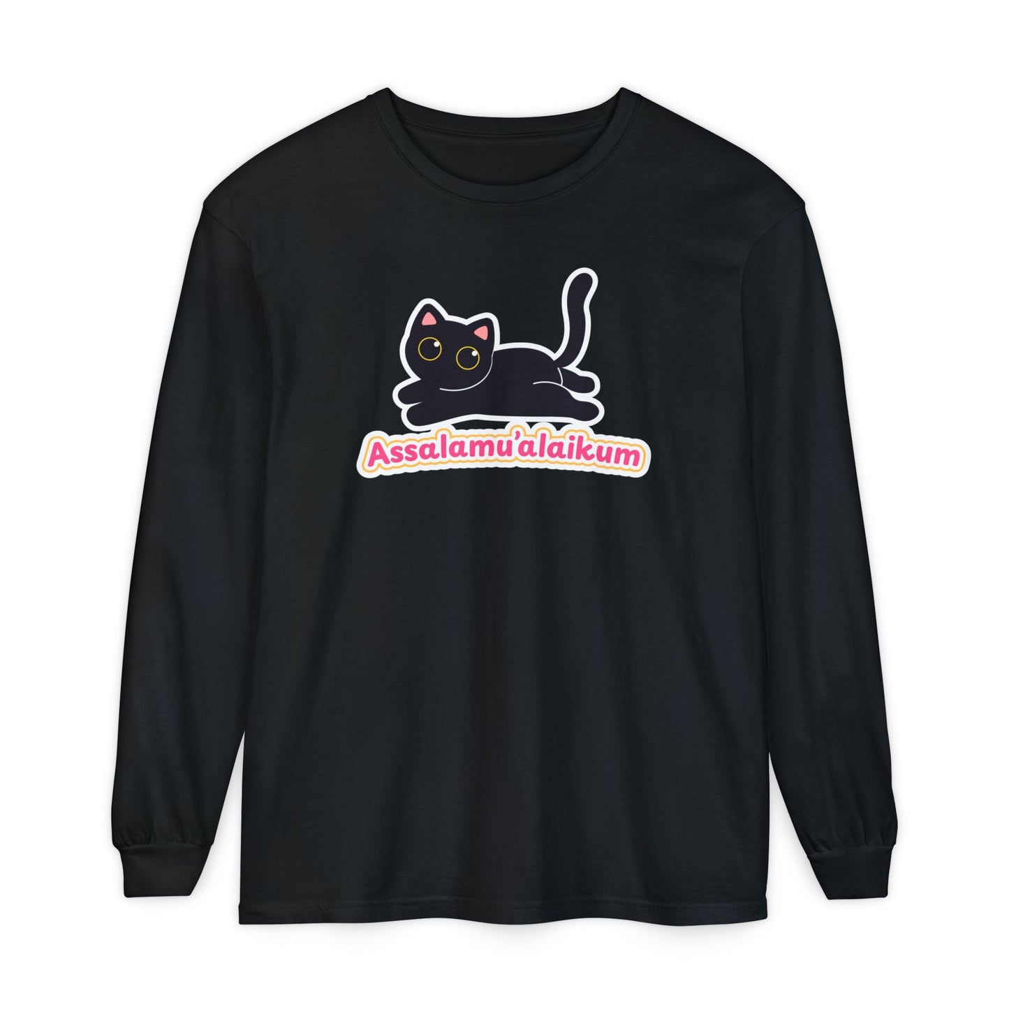 Assalamualaikum Typographic Long Sleeve Tee T-Shirt - Cute Black Cat Graphic Cozy Soft Cotton Unisex Long Sleeve Tee