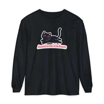 Assalamualaikum Typographic Long Sleeve Tee T-Shirt - Cute Black Cat Graphic Cozy Soft Cotton Unisex Long Sleeve Tee