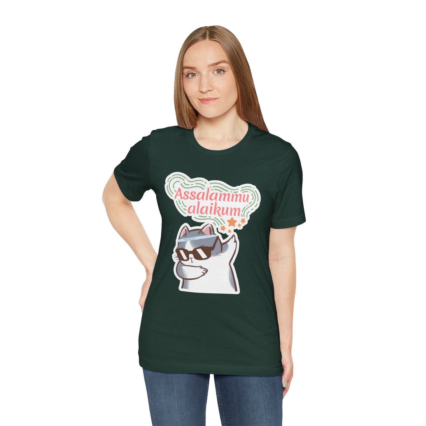 Assalamualaikum Typographic Tee T-Shirt - Cat Sunglasses Graphic Cozy Soft Cotton Unisex Tee