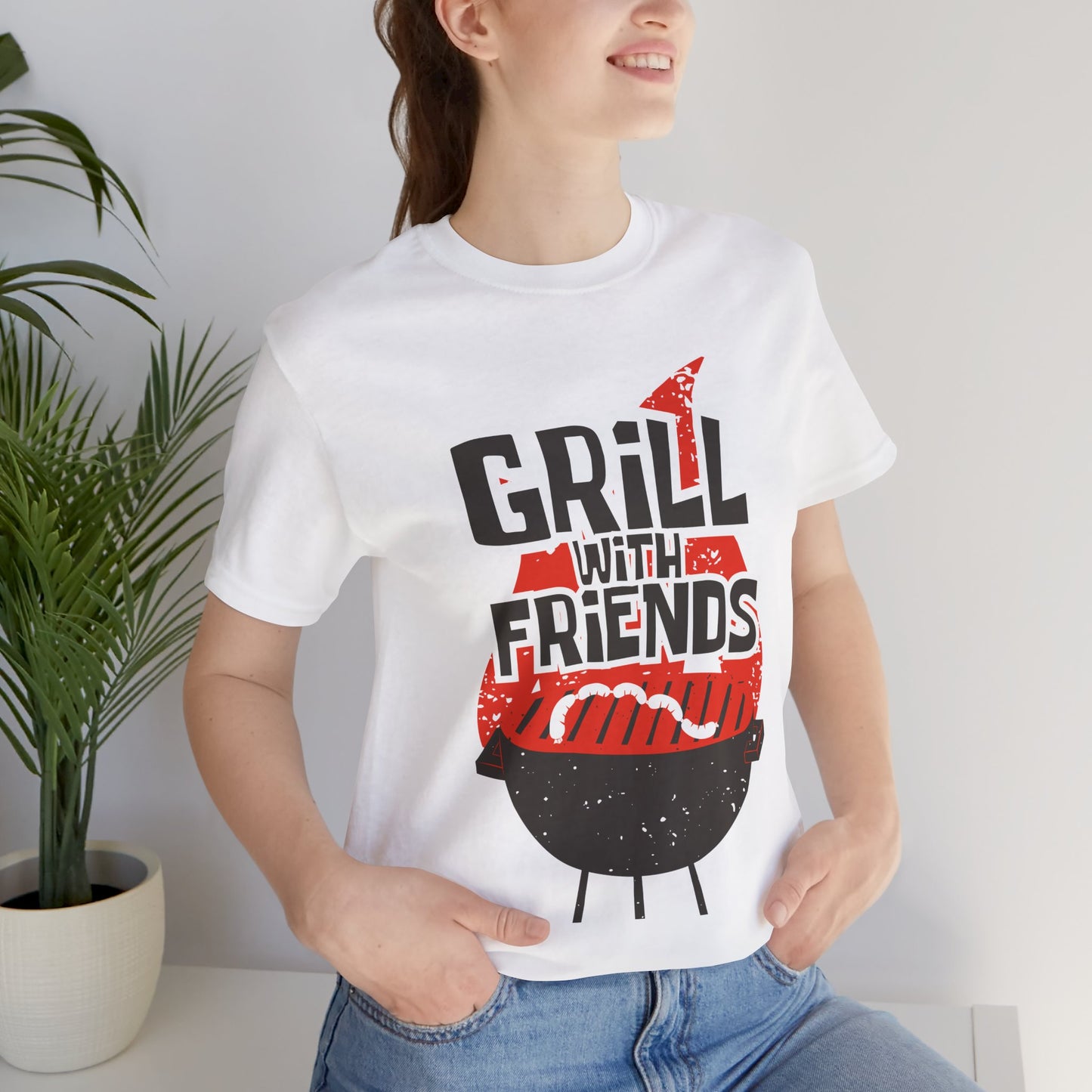 Grill with Friends Typographic Tee T-Shirt - Cozy Soft Cotton Unisex Sausage Graphic Tee T-Shirt