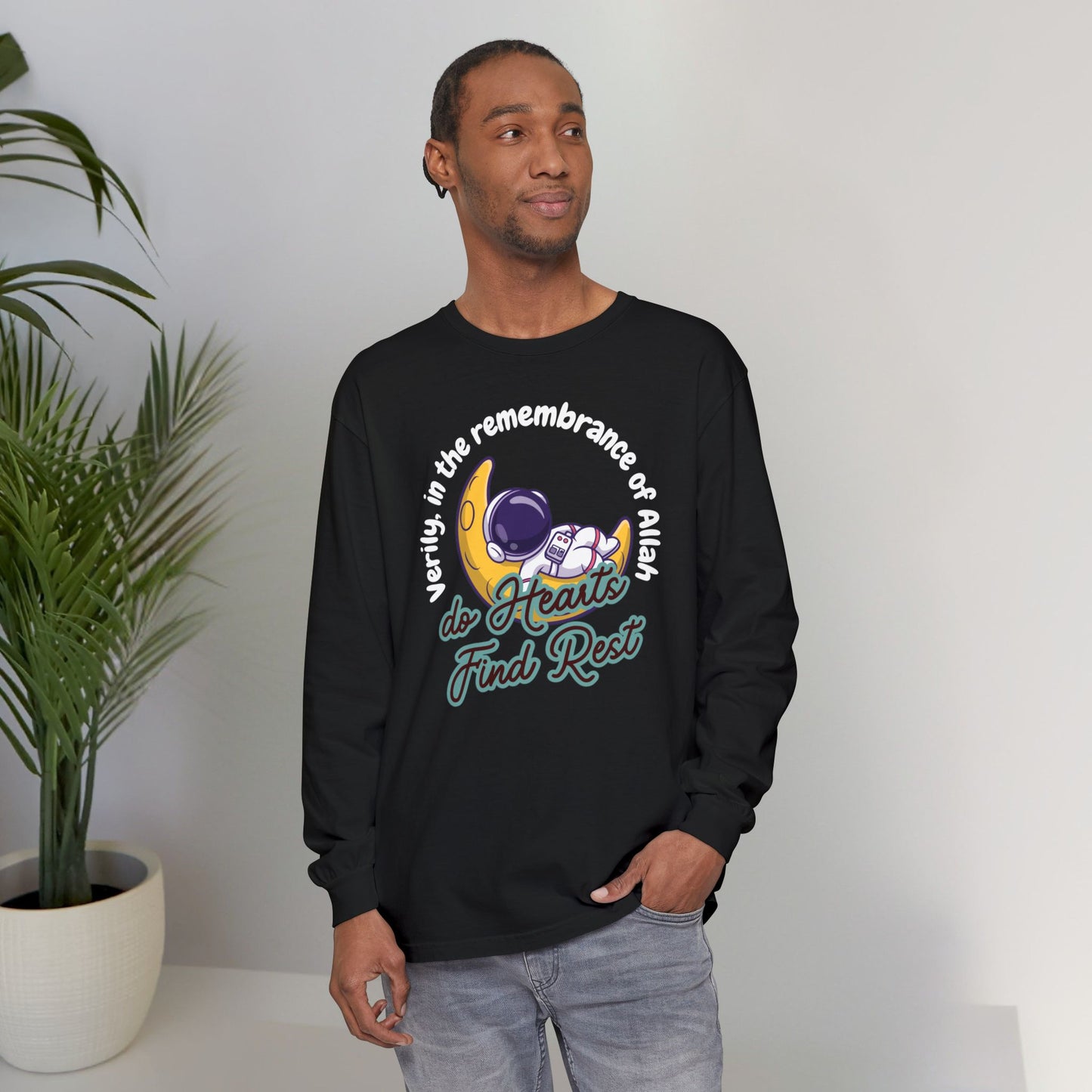 Verily In The Remembrance of Allah Do Hearts Find Rest Long-Sleeve T-Shirt - Astronaut Moon Islamic Graphic Soft Cotton Unisex Long-Sleeve Tee T-Shirt