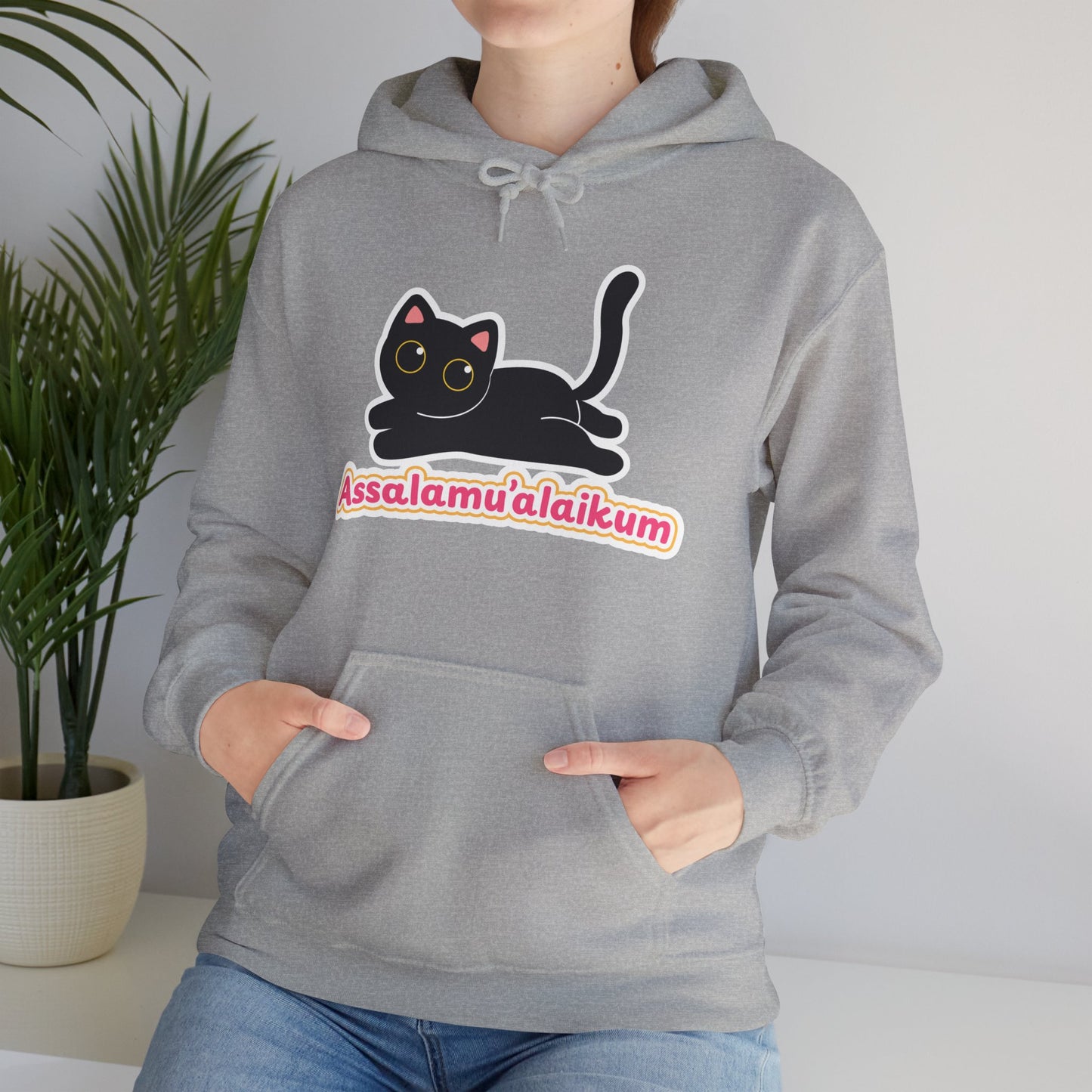 Assalamualaikum Typographic Hoodie - Cute Black Cat Graphic Cozy Soft Cotton Unisex Hoodie