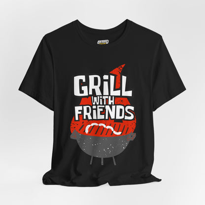 Grill with Friends Typographic Tee T-Shirt - Cozy Soft Cotton Unisex Sausage Graphic Tee T-Shirt