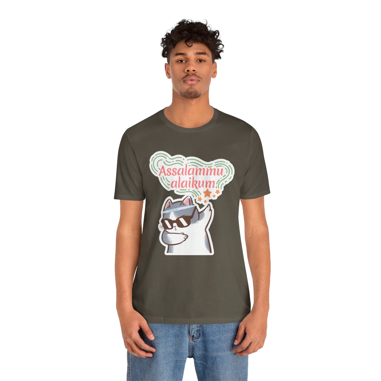 Assalamualaikum Typographic Tee T-Shirt - Cat Sunglasses Graphic Cozy Soft Cotton Unisex Tee