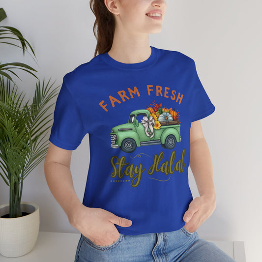 Farm Fresh Stay Halal Graphic Tee T-Shirt - Soft Cozy Cute Pumpkin Truck Graphic Unisex Tee