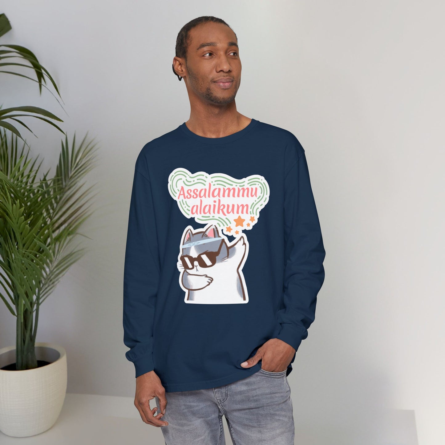 Assalamualaikum Typographic Long Sleeve Tee T-Shirt - Cat Sunglasses Graphic Cozy Soft Cotton Unisex Long Sleeve Tee